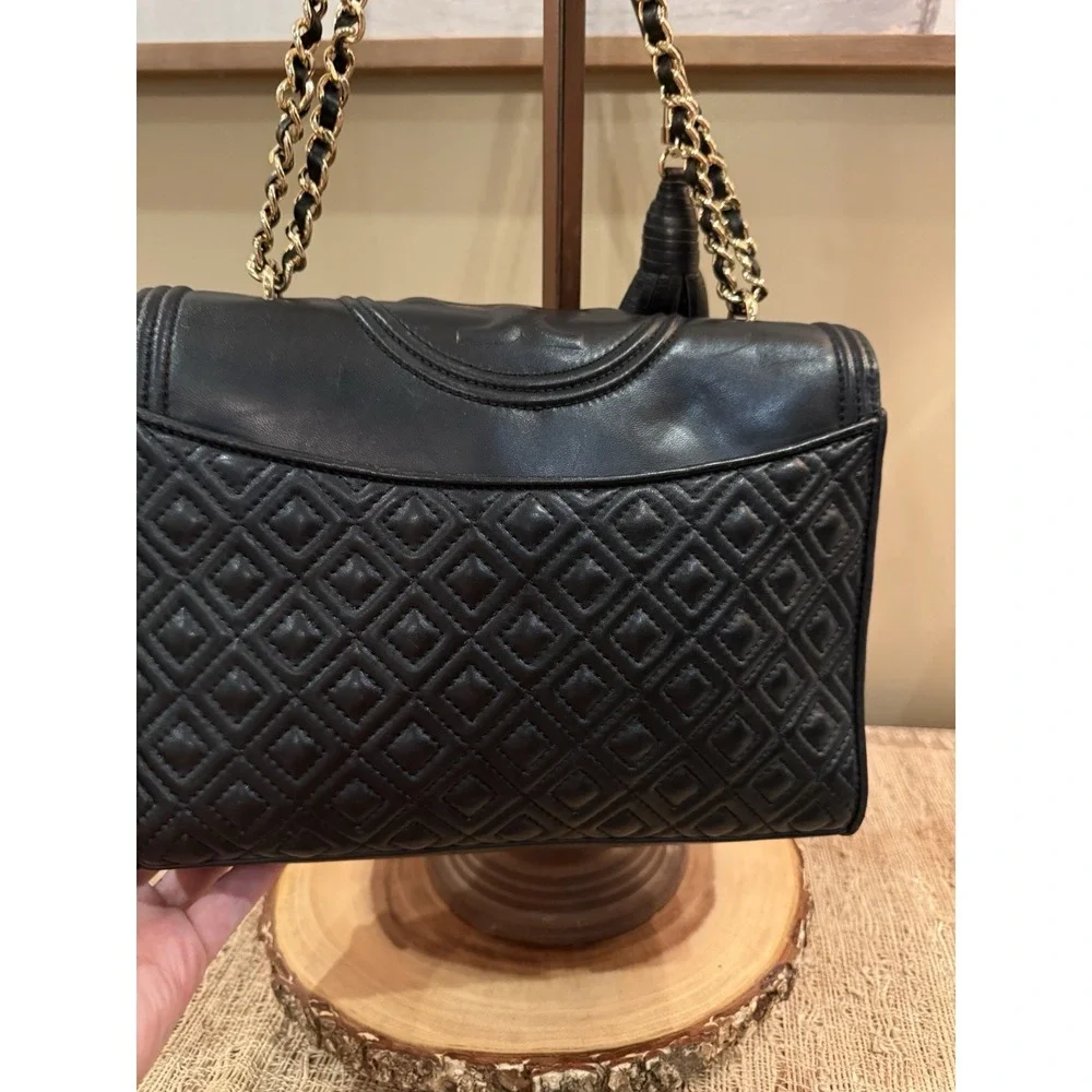 Tory Burch Fleming Black Leather Convertible Shoulder‎ Bag Quilted Tassel Large